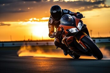 Motorcycle rider rides on a race track at sunset.,Ai generated - obrazy, fototapety, plakaty