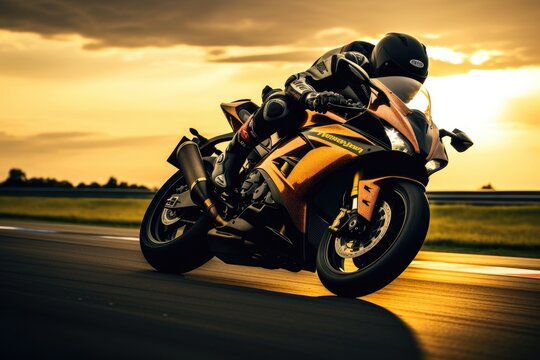 Motorcycle rider rides on a race track at sunset.,Ai generated