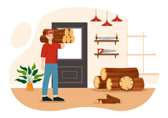 Timber Vector Illustration with Man Chopping Wood and Tree with Lumberjack Work Equipment Machinery or Chainsaw at Forest in Flat Cartoon Background