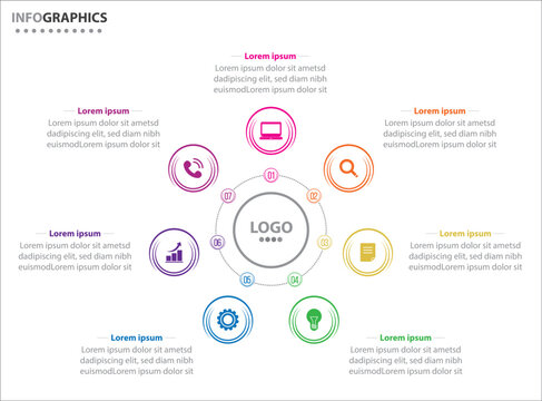 Circle infographic template with 7 options for presentations. Vector infographic design template. diagram, number options. Data visualization. Business concept with 7 steps, seven process.