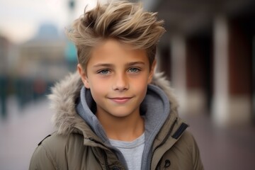 Portrait of a handsome young boy with blond hair and blue eyes
