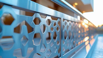 A macro shot of a polished metal staircase railing featuring a bespoke design with geometric shapes and outs adding a contemporary touch to the overall design.