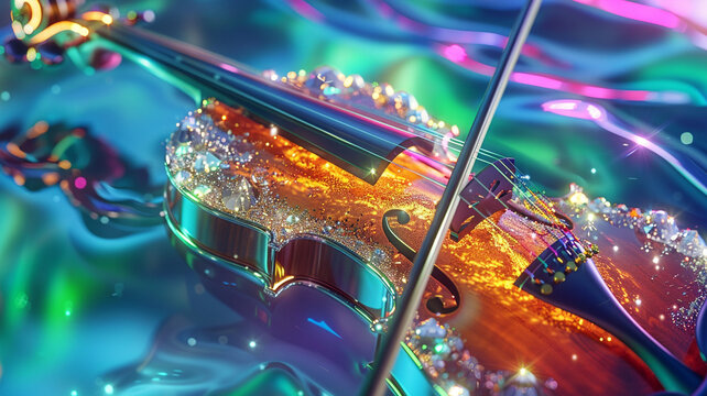 A sparkling diamond-encrusted violin against a backdrop of shimmering auroras, its strings resonating with the colors of the Northern Lights, ready to produce melodies that dance across the night sky.