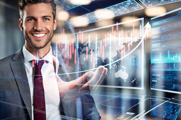 Double exposure of businessman and financial stock graph with hologram of world map background
- 752026927