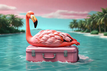 Pink flamingo on a pink suitcase in the sea. 3d render