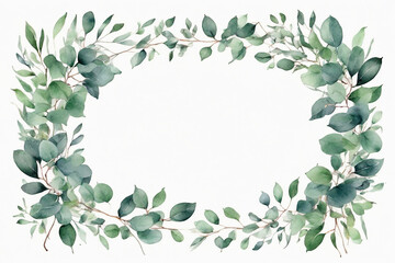 Watercolor floral frame with eucalyptus branches and green leaves.