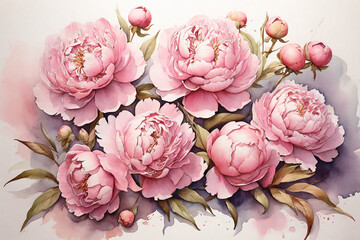 Beautiful pink peony flowers in watercolor style. Digital illustration
