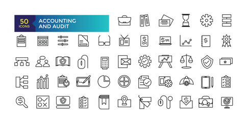 Fototapeta na wymiar Accounting and Audit line icons related to accounting, audit, taxes. Outline icon collection. Business symbols. Vector illustration.