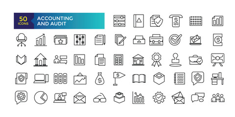 Accounting and Audit line icons related to accounting, audit, taxes. Outline icon collection. Business symbols. Vector illustration.