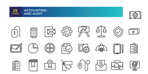 Accounting and Audit line icons related to accounting, audit, taxes. Outline icon collection. Business symbols. Vector illustration.