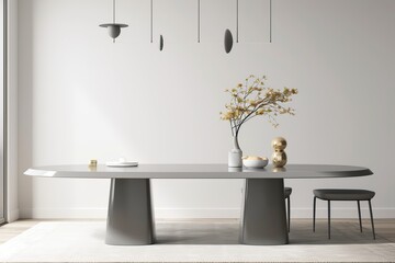 Contemporary dining area with minimalist decor and elongated grey table, on isolated white background, Generative AI