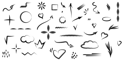 Big set of hand drawn scribble shapes. Collection of abstract objects in doodles style. Arrows, hearts, clouds, natural and geometric elements.Vector.