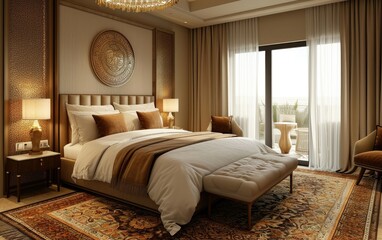 Elegant bedroom interior with a king-sized bed, luxury bedding, side tables with lamps, and a classic rug.