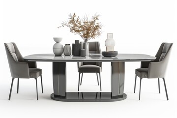 Elegant dining room setup with modern grey table, on isolated white background, Generative AI