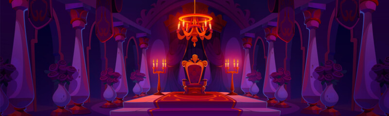 Castle hall room with king throne at night. Cartoon kingdom interior with royal red and gold seat on pedestal, carpet and curtain, stone columns and chandelier, candles in holder and roses in vases. - obrazy, fototapety, plakaty