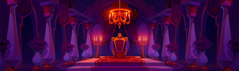 Tapeten Castle hall room with king throne at night. Cartoon kingdom interior with royal red and gold seat on pedestal, carpet and curtain, stone columns and chandelier, candles in holder and roses in vases. © klyaksun