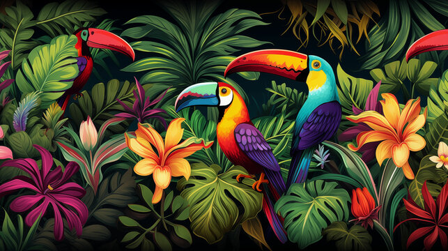 Vibrant birds in jungle painting. Generative AI