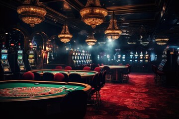 Naklejka premium Empty Table with Blurred Casino Background Photo, Casino with roulette table in casino with chips. Background casino, no people, Ai generated