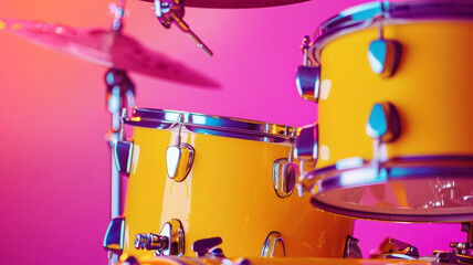 A vibrant yellow drum set against a backdrop of bold magenta, its drums pulsating with vibrant energy, ready to produce rhythmic beats that reverberate with passion and intensity.