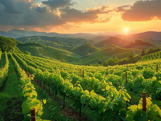 Stunning vineyard landscape in spring or summer. Perfectly aligned grape plants for making wine on...