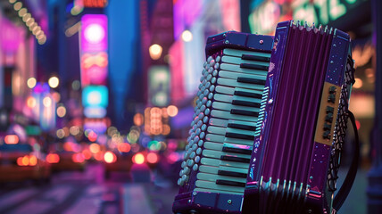 A vibrant purple accordion against a backdrop of bustling city streets, its bellows swelling and...