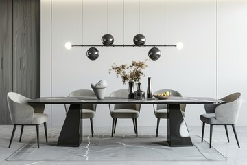 Simple grey dining space featuring a lengthy dining table, on isolated white background, Generative AI