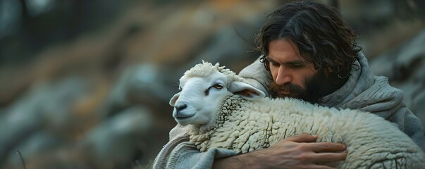 Man in religious attire tenderly holds sheep in peaceful setting. Concept Religious, Man, Sheep, Peaceful Setting, Tender
