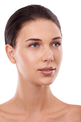 Obraz premium Face, thinking of natural beauty and woman, skincare and cosmetics with clean makeup isolated on white background. Reflection on treatment, facial and dermatology for wellness with healthy skin glow