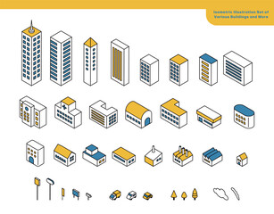 色々な建物など街並みのアイソメイラストセット