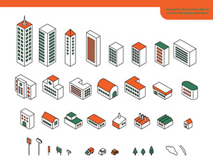 色々な建物など街並みのアイソメイラストセット