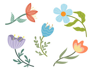 Abstract spring flowers set on white background. Digital illustration by watercolor brushes, hand drawn. Suitable for activity promo or website icons.
