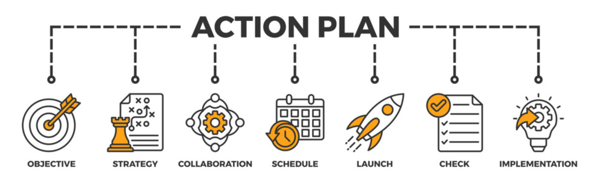 Action plan banner web icon vector illustration concept with icon of objective, strategy, collaboration, schedule, act, launch, check, and implementation