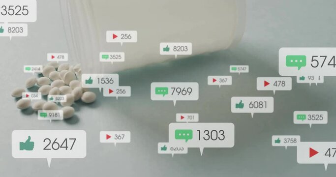 Animation of social media notifications over tablets spilling from pill bottle