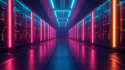 Neon-Lit Data Center Server Hallway in Pink and Blue