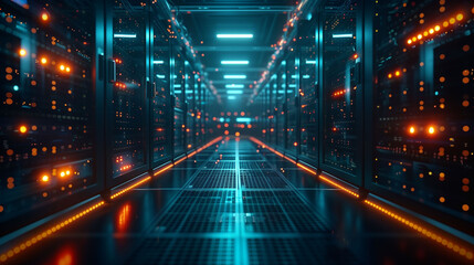 Fototapeta na wymiar Modern Data Center Corridor with Orange and Blue Lights