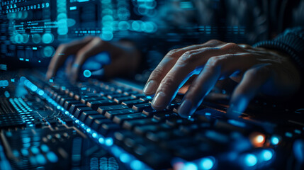 Hands Typing on Illuminated Keyboard