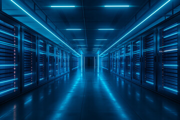 Futuristic Data Center with Blue LED Lighting