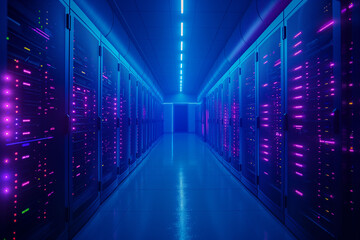 Futuristic Data Center Server Room Corridor - obrazy, fototapety, plakaty