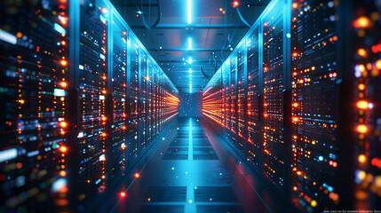 Data Center Server Aisle with Red and Blue Lights - obrazy, fototapety, plakaty