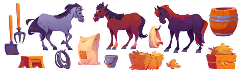 Horse stable design set isolated on white background. Vector cartoon illustration of farm animals, hay stacks, wooden barrel, pitchfork and shovel, metal bucket, fabric sack, barn interior elements © klyaksun