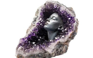 Amethyst Crystal Geode Sculpture Depicting a Human Form isolated on transparent Background