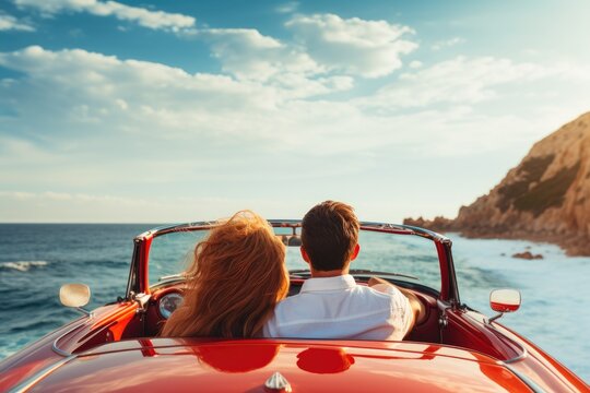 Cute couple in love on holiday vacation, View from the back of the cabriolet car that is driving along the beach. Ai generated