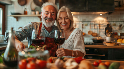 Old couple in kitchen, wine and happiness, cooking healthy food together in home with vegetables. Drink, smile and senior woman with glass in house with man, meal prep and happy lunch in retirement.