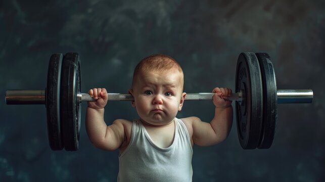 Funny strong baby lifting a heavy barbell over dark background. Generative Ai