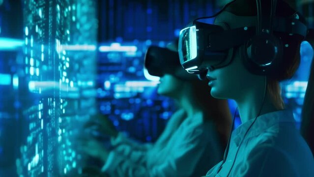 A group of cybersecurity trainees each wearing a headset connected to a virtual reality simulation practicing their responses to a mock cyber breach scenario.