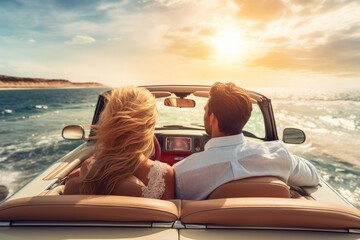 Cute couple in love on holiday vacation, View from the back of the cabriolet car that is driving along the beach. Ai generated
