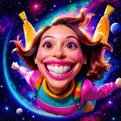 Airhead space cadet woman with big stupid grin, floating in space - obrazy, fototapety, plakaty
