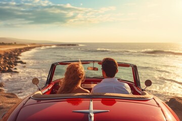 Cute couple in love on holiday vacation, View from the back of the cabriolet car that is driving along the beach. Ai generated