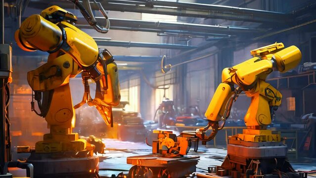 Industrial robot welding metal in a factory