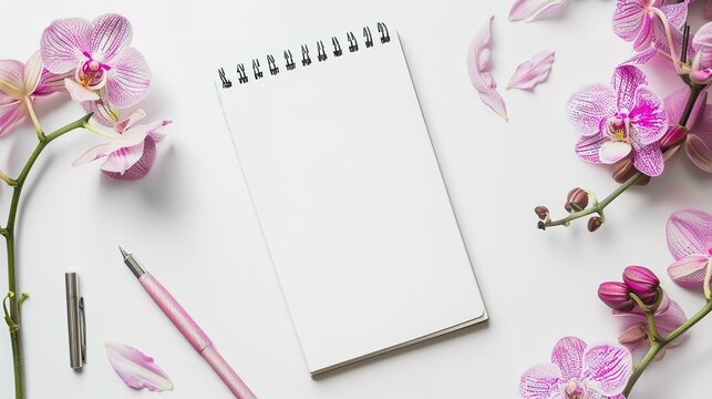 Female workspace mockup with notepad, pen and pink orchid on white background, top view ,generative ai